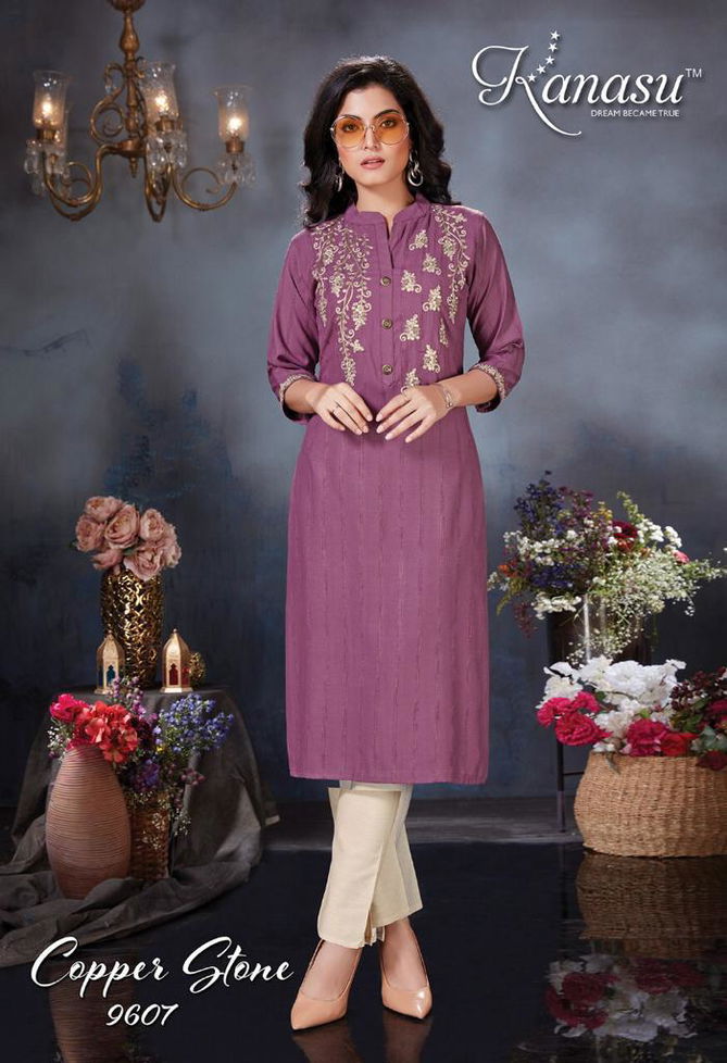 Kanasu Copper Stone Heavy Rayon Fancy Wear Kurti With Bottom Collection